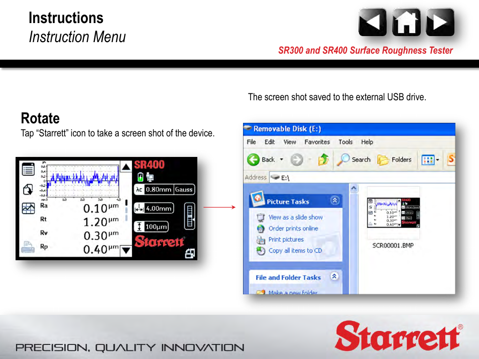 Screen shot, Instructions instruction menu, Rotate | Starrett SR400 Surface Roughness Tester User Manual | Page 48 / 78