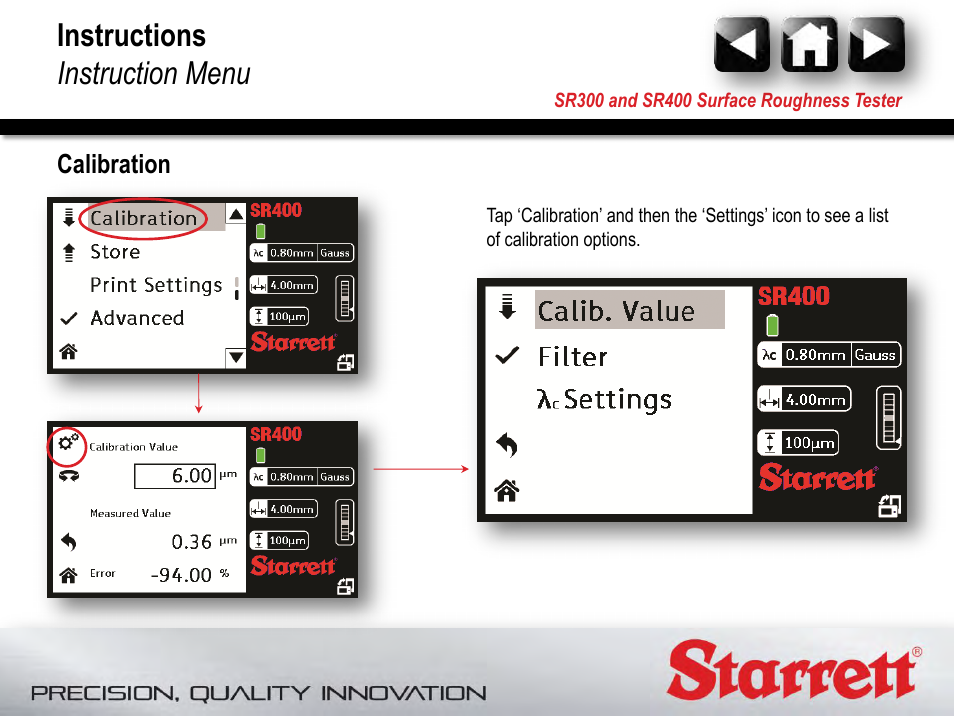 Calibration, Instructions instruction menu | Starrett SR400 Surface Roughness Tester User Manual | Page 49 / 78