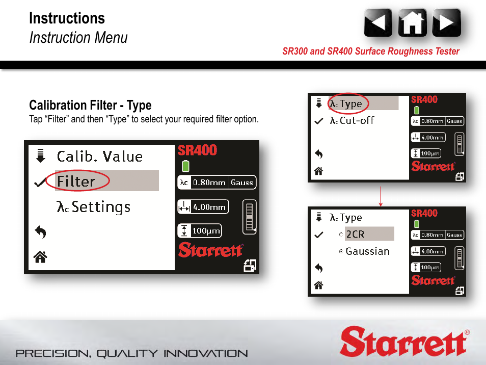 Calibration filter, Instructions instruction menu | Starrett SR400 Surface Roughness Tester User Manual | Page 51 / 78