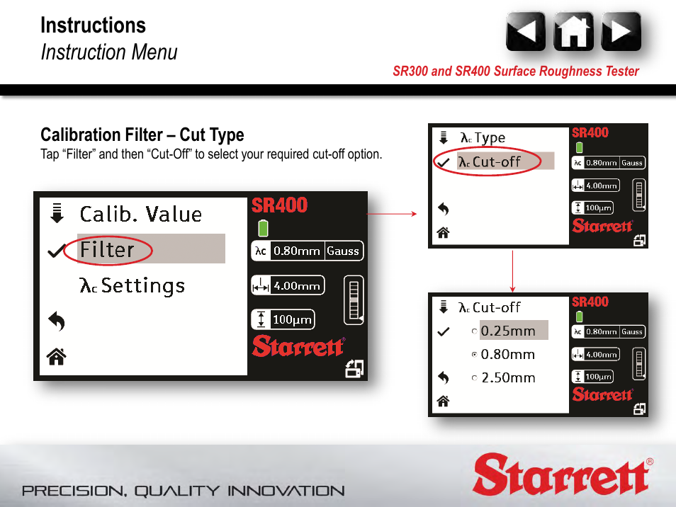 Instructions instruction menu | Starrett SR400 Surface Roughness Tester User Manual | Page 52 / 78