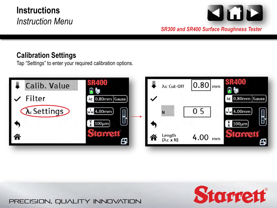 Calibration settings, Instructions instruction menu | Starrett SR400 Surface Roughness Tester User Manual | Page 53 / 78