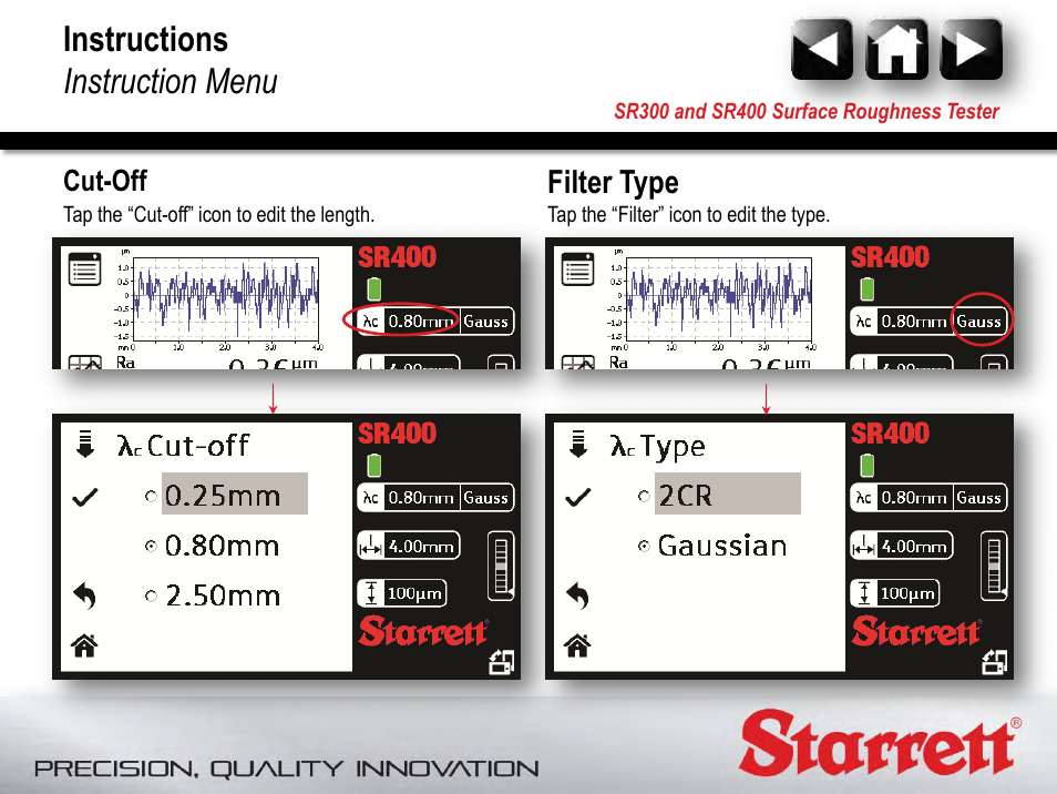 Cut-off, Filter type, Instructions instruction menu | Starrett SR400 Surface Roughness Tester User Manual | Page 54 / 78