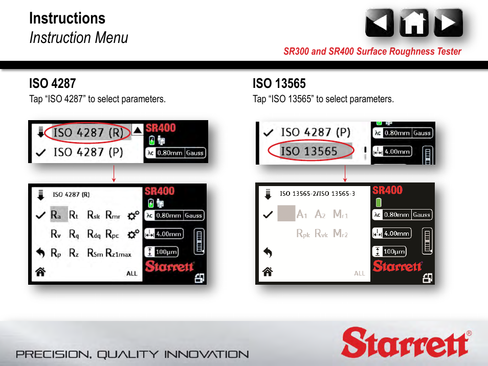Parameters, Instructions instruction menu | Starrett SR400 Surface Roughness Tester User Manual | Page 56 / 78