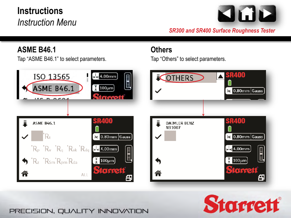 Instructions instruction menu | Starrett SR400 Surface Roughness Tester User Manual | Page 57 / 78