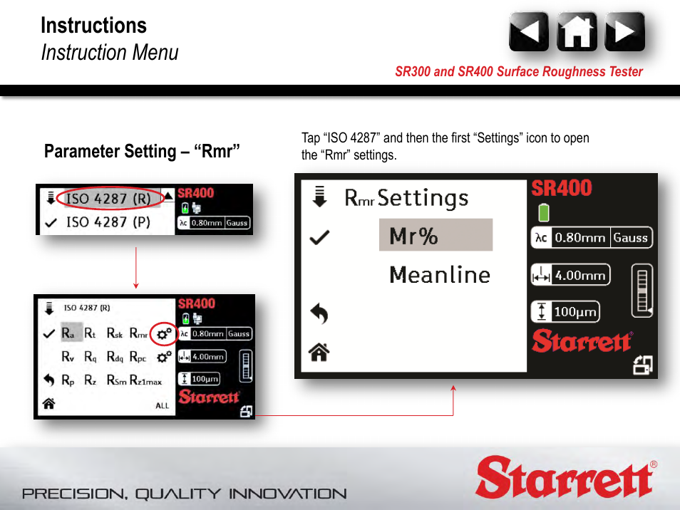 Parameter settings, Instructions instruction menu | Starrett SR400 Surface Roughness Tester User Manual | Page 58 / 78