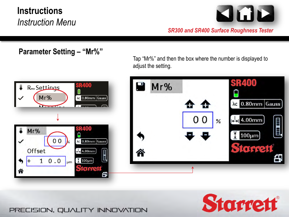 Instructions instruction menu | Starrett SR400 Surface Roughness Tester User Manual | Page 59 / 78