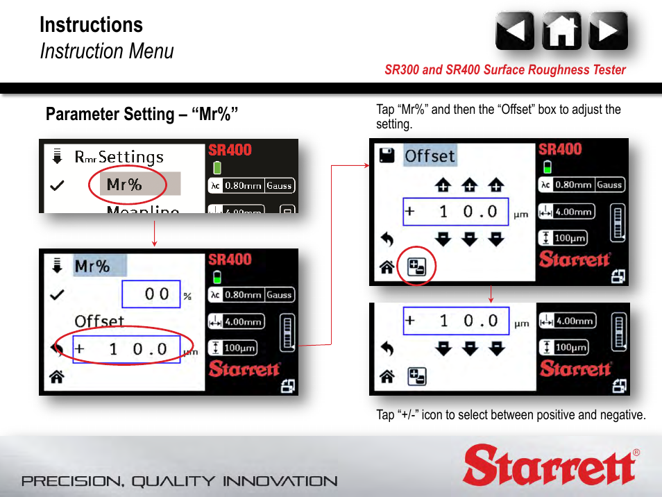 Instructions instruction menu, Parameter setting – “mr | Starrett SR400 Surface Roughness Tester User Manual | Page 60 / 78