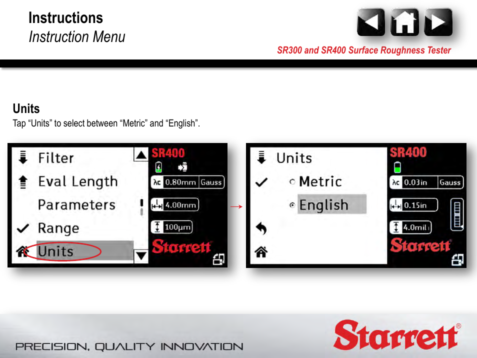 Units, Instructions instruction menu | Starrett SR400 Surface Roughness Tester User Manual | Page 63 / 78