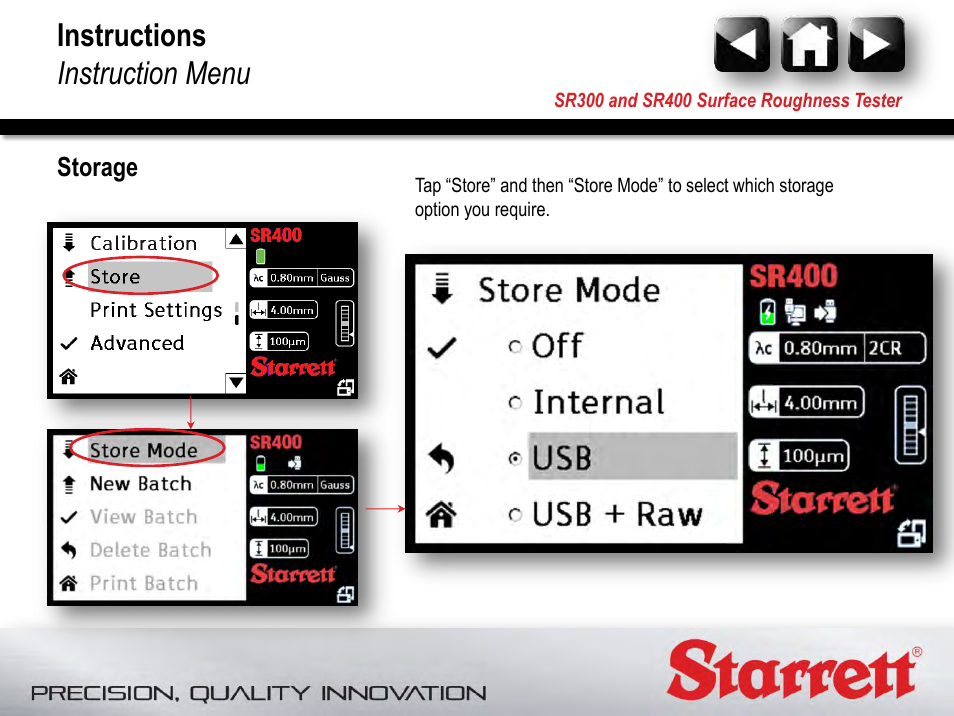 Storage, Instructions instruction menu | Starrett SR400 Surface Roughness Tester User Manual | Page 64 / 78