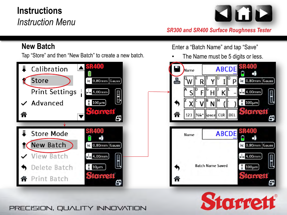New batch, Instructions instruction menu | Starrett SR400 Surface Roughness Tester User Manual | Page 65 / 78