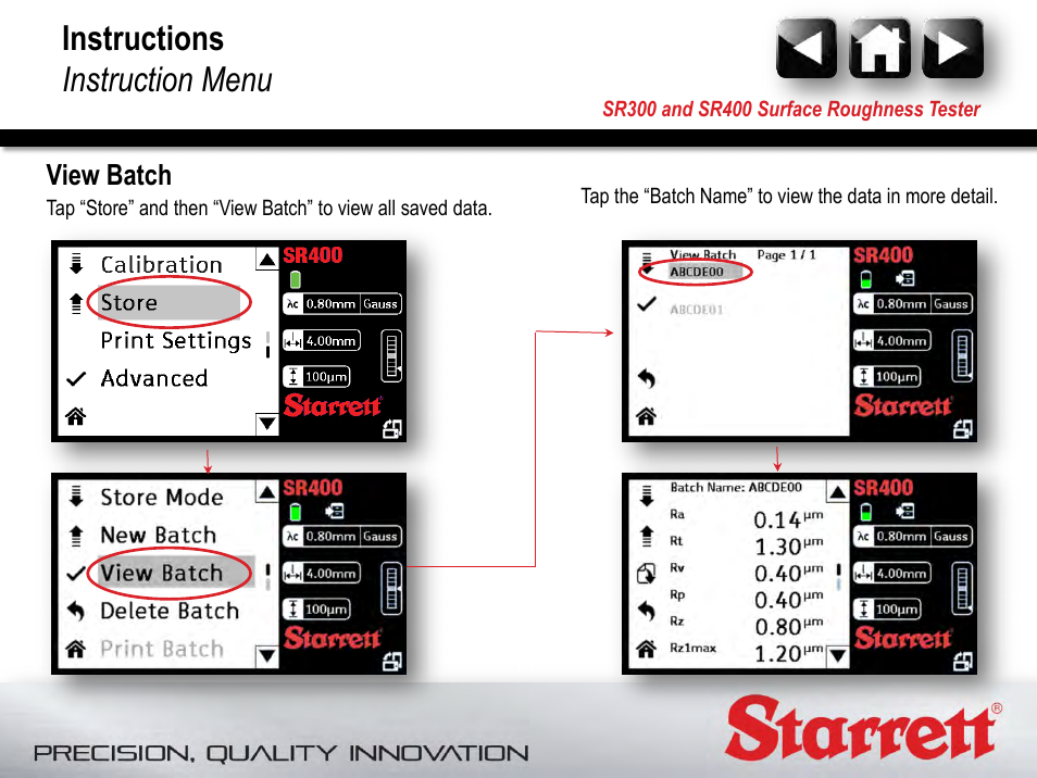 View batch, Instructions instruction menu | Starrett SR400 Surface Roughness Tester User Manual | Page 67 / 78