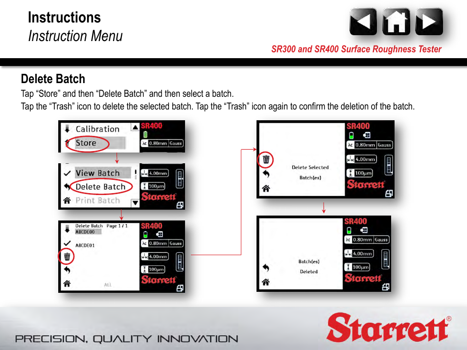 Delete batch, Instructions instruction menu | Starrett SR400 Surface Roughness Tester User Manual | Page 68 / 78