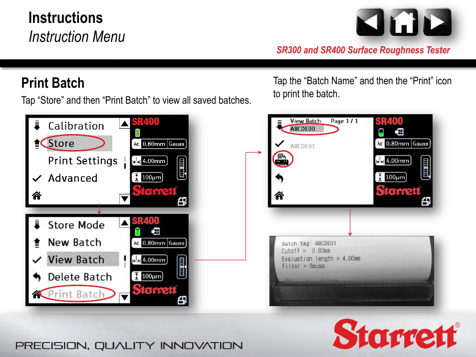Print batch, Instructions instruction menu | Starrett SR400 Surface Roughness Tester User Manual | Page 69 / 78