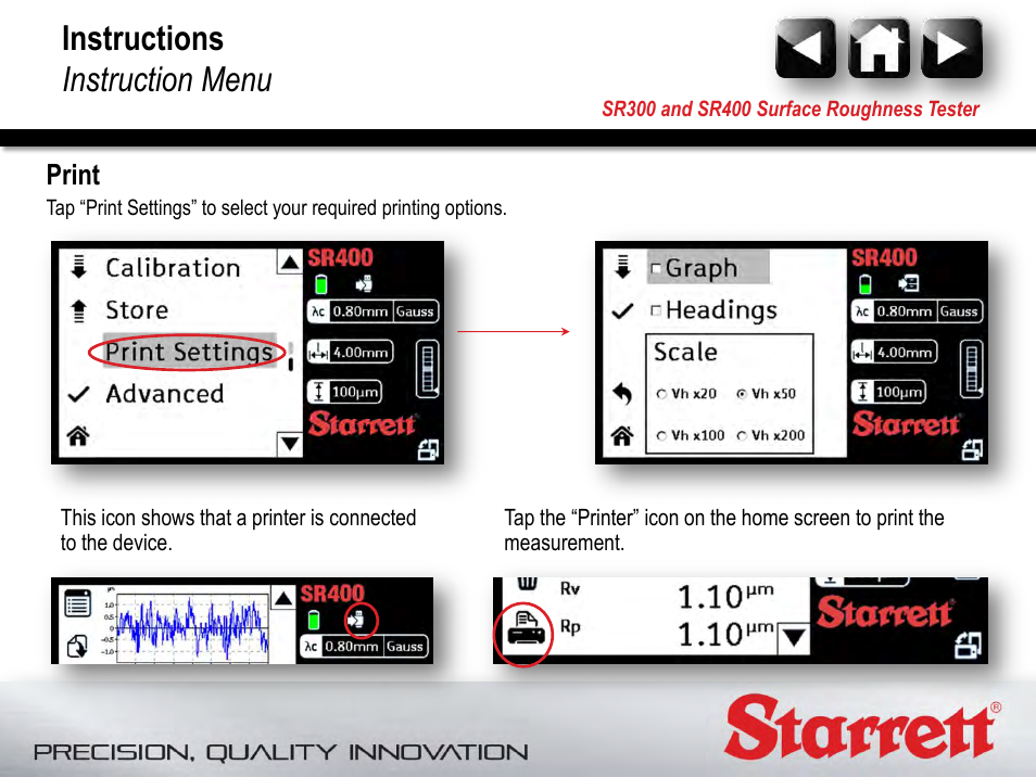Print, Instructions instruction menu | Starrett SR400 Surface Roughness Tester User Manual | Page 70 / 78