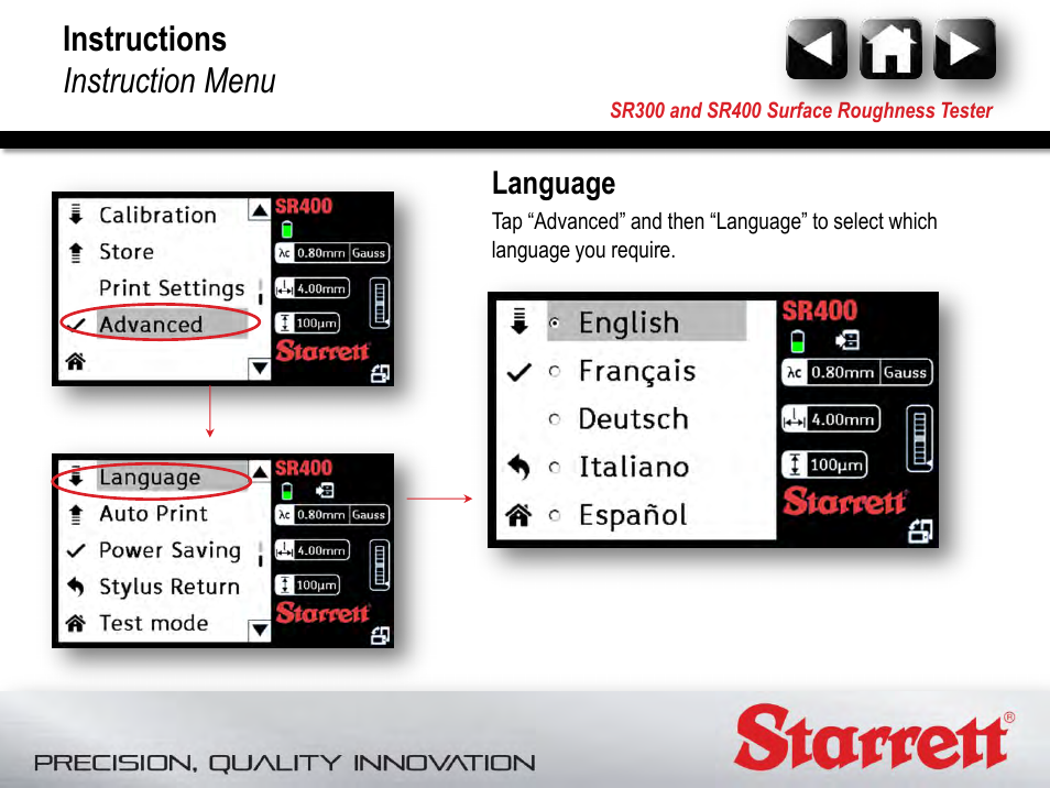 Language, Instructions instruction menu | Starrett SR400 Surface Roughness Tester User Manual | Page 71 / 78