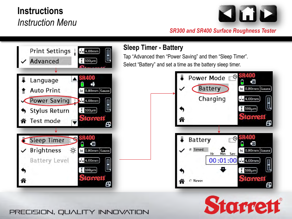 Sleep timer, Instructions instruction menu | Starrett SR400 Surface Roughness Tester User Manual | Page 72 / 78