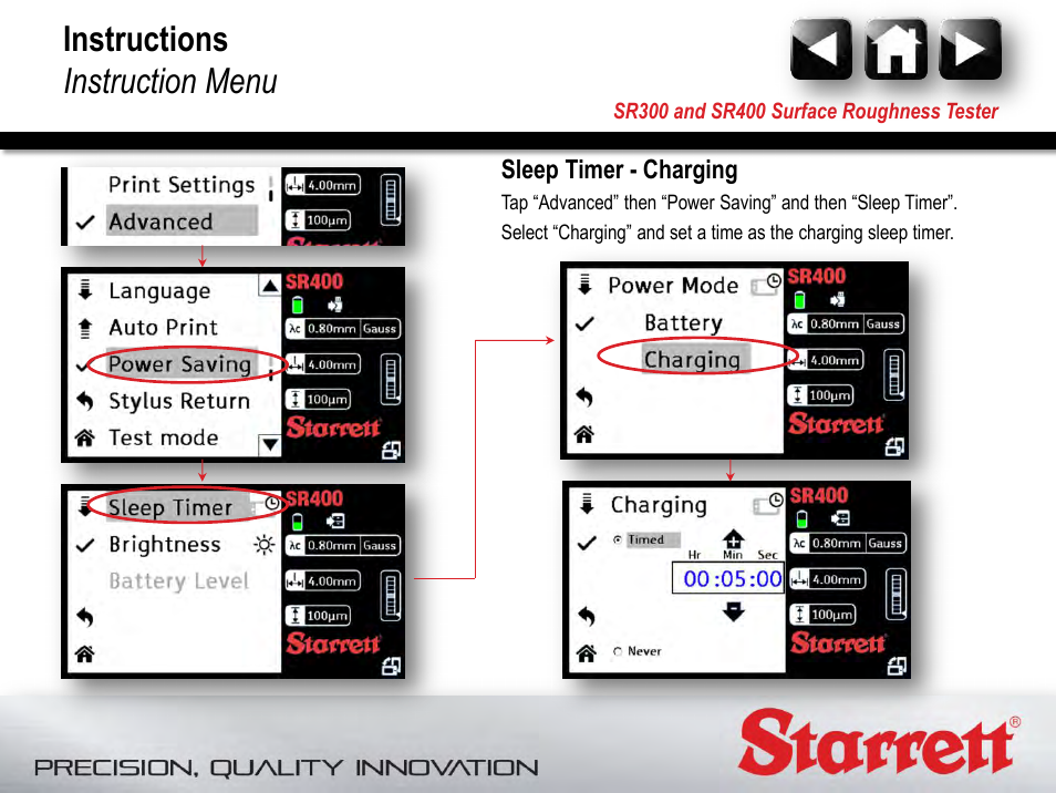 Instructions instruction menu | Starrett SR400 Surface Roughness Tester User Manual | Page 73 / 78