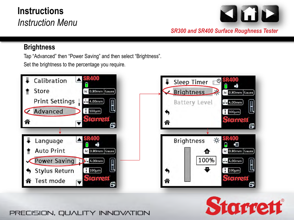 Brightness, Instructions instruction menu | Starrett SR400 Surface Roughness Tester User Manual | Page 74 / 78