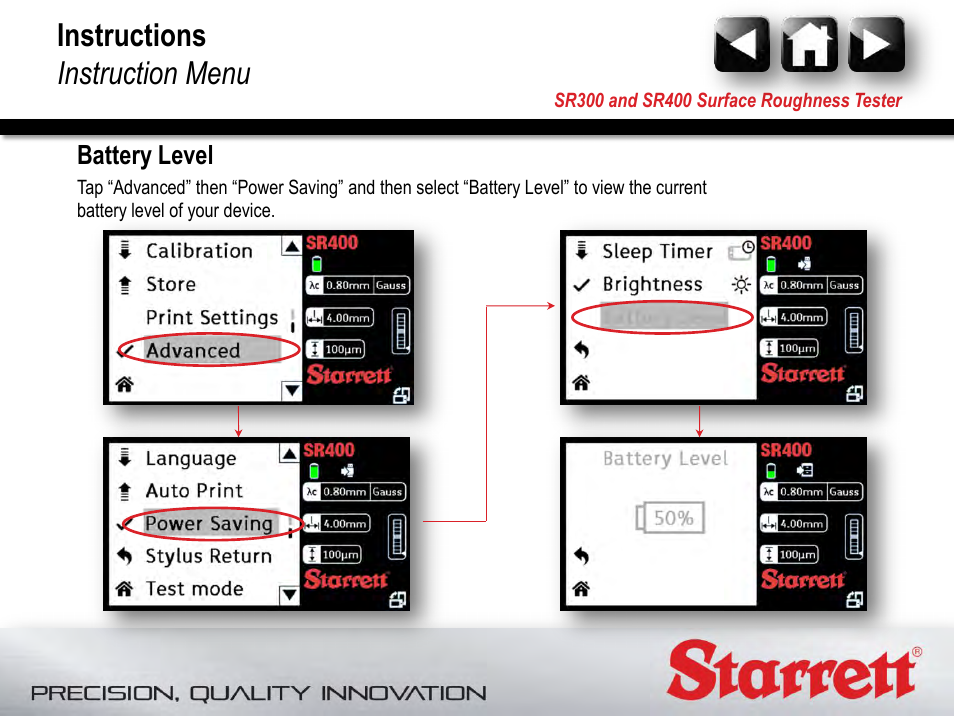 Battery level, Instructions instruction menu | Starrett SR400 Surface Roughness Tester User Manual | Page 75 / 78