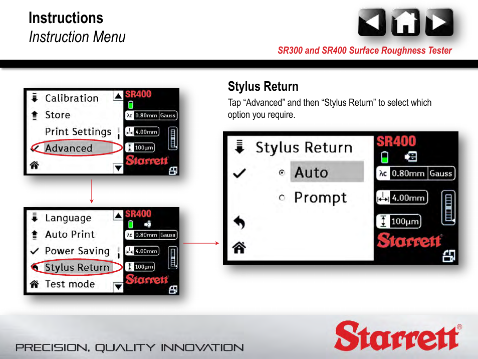 Stylus return, Instructions instruction menu | Starrett SR400 Surface Roughness Tester User Manual | Page 76 / 78