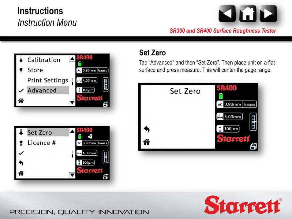 Set zero, Instructions instruction menu | Starrett SR400 Surface Roughness Tester User Manual | Page 77 / 78