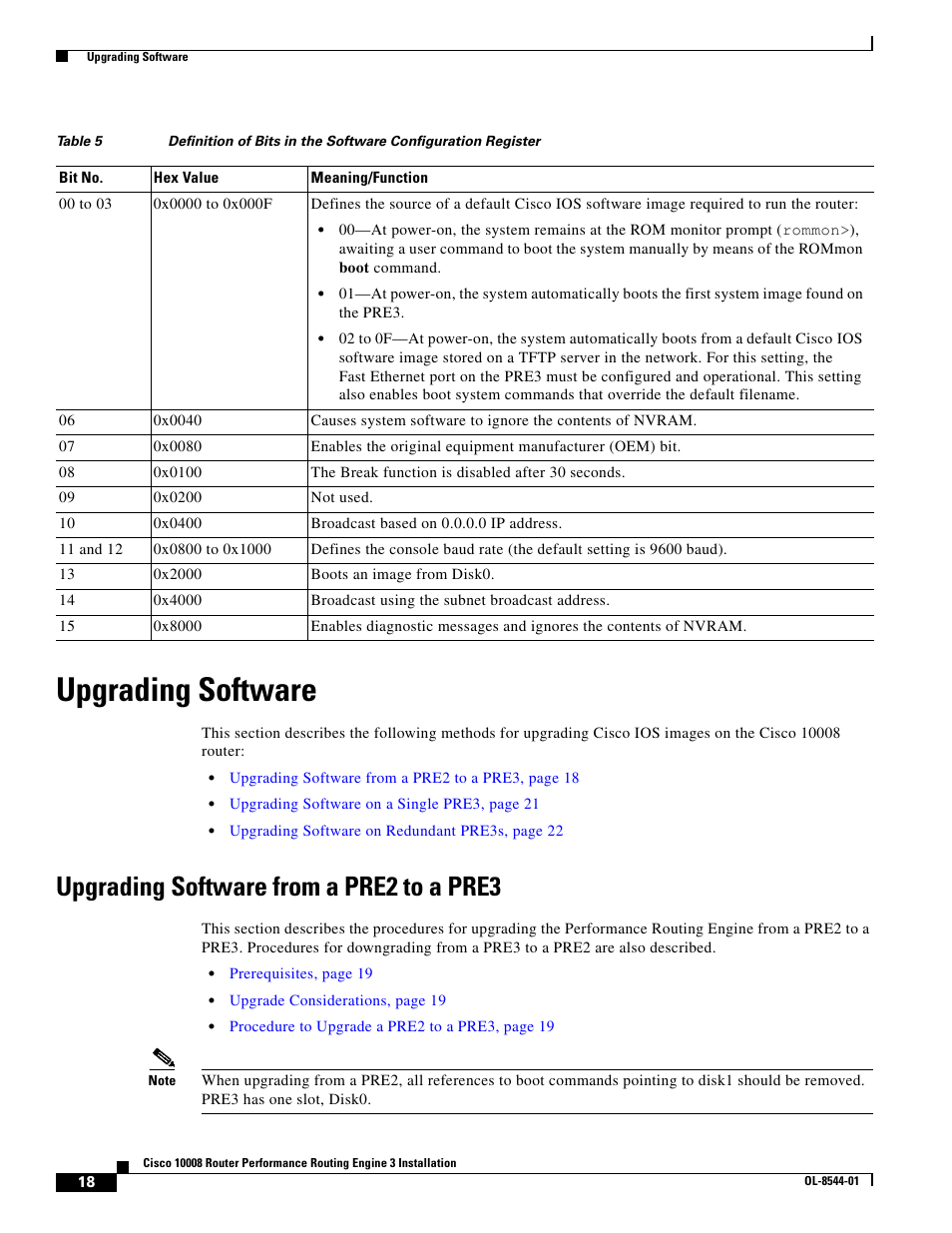 Upgrading software, Upgrading software from a pre2 to a pre3 | Cisco 10008 User Manual | Page 18 / 38
