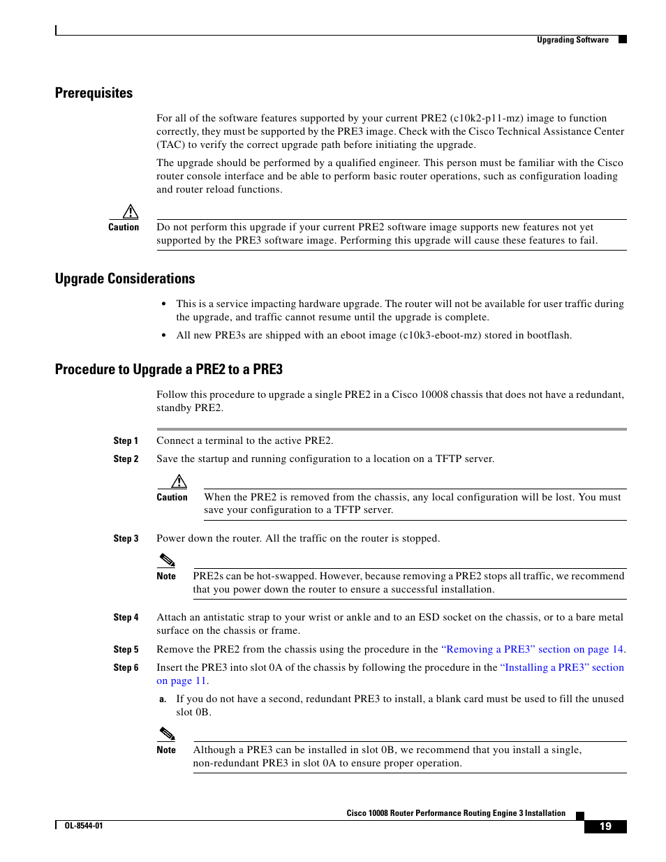 Prerequisites, Upgrade considerations, Procedure to upgrade a pre2 to a pre3 | Cisco 10008 User Manual | Page 19 / 38