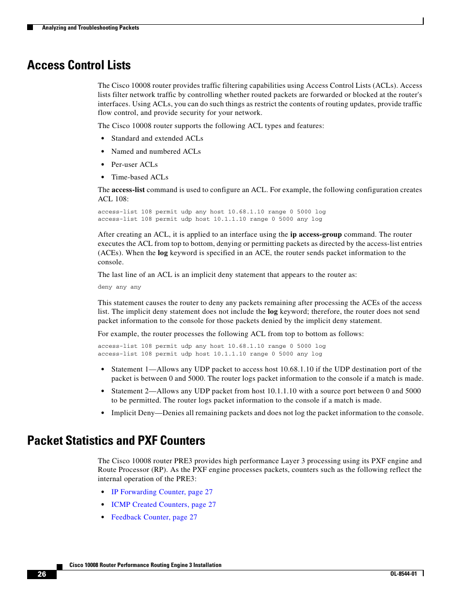 Access control lists, Packet statistics and pxf counters | Cisco 10008 User Manual | Page 26 / 38