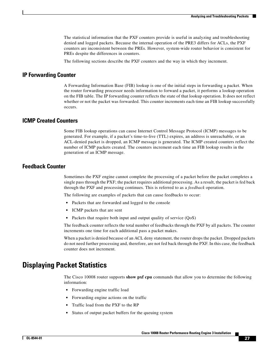 Ip forwarding counter, Icmp created counters, Feedback counter | Displaying packet statistics | Cisco 10008 User Manual | Page 27 / 38