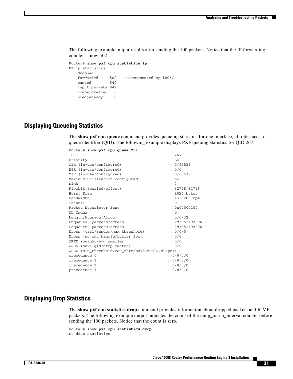 Displaying queueing statistics, Displaying drop statistics | Cisco 10008 User Manual | Page 31 / 38