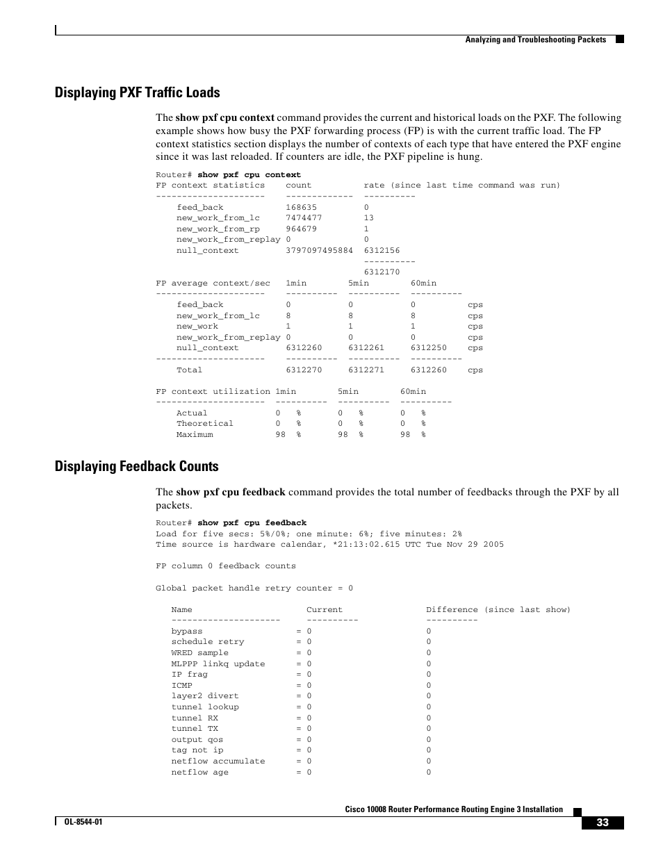 Displaying pxf traffic loads, Displaying feedback counts | Cisco 10008 User Manual | Page 33 / 38