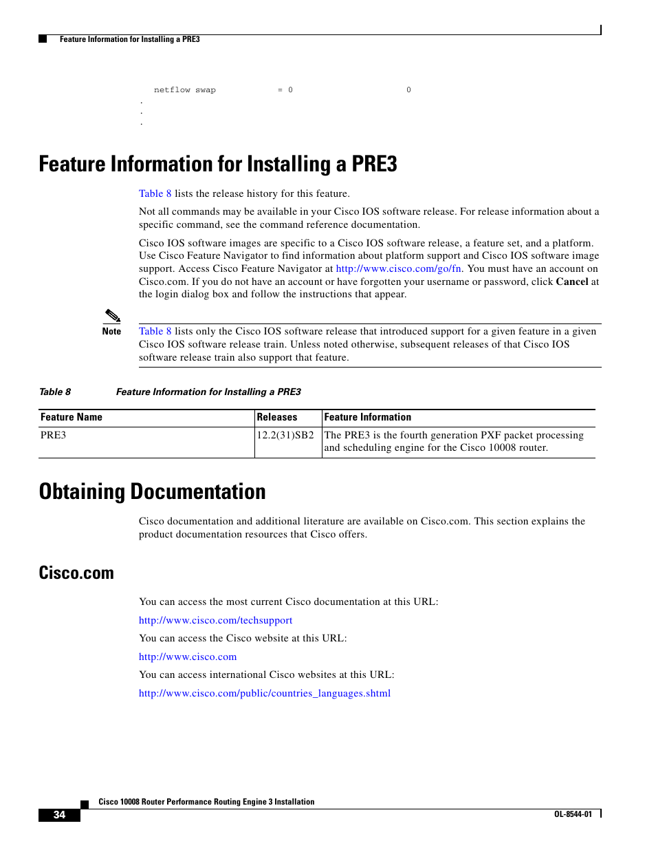 Feature information for installing a pre3, Obtaining documentation, Cisco.com | Cisco 10008 User Manual | Page 34 / 38