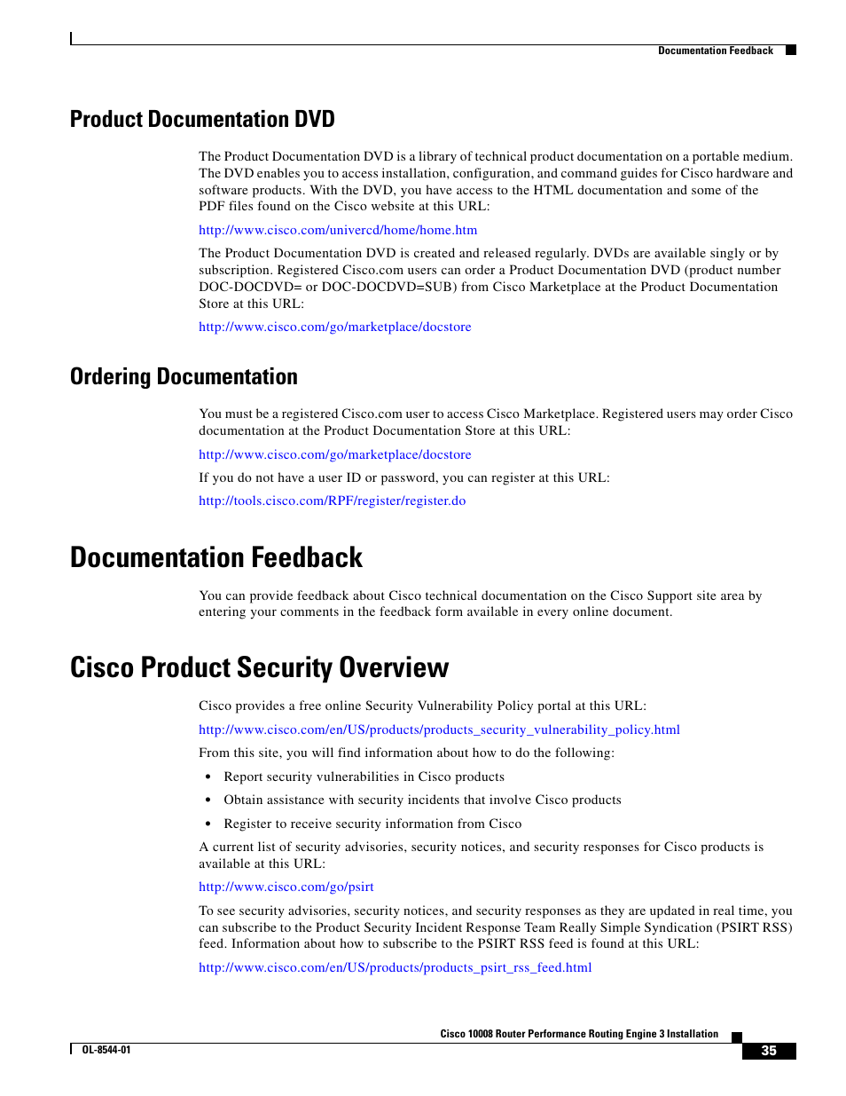 Product documentation dvd, Ordering documentation, Documentation feedback | Cisco product security overview | Cisco 10008 User Manual | Page 35 / 38