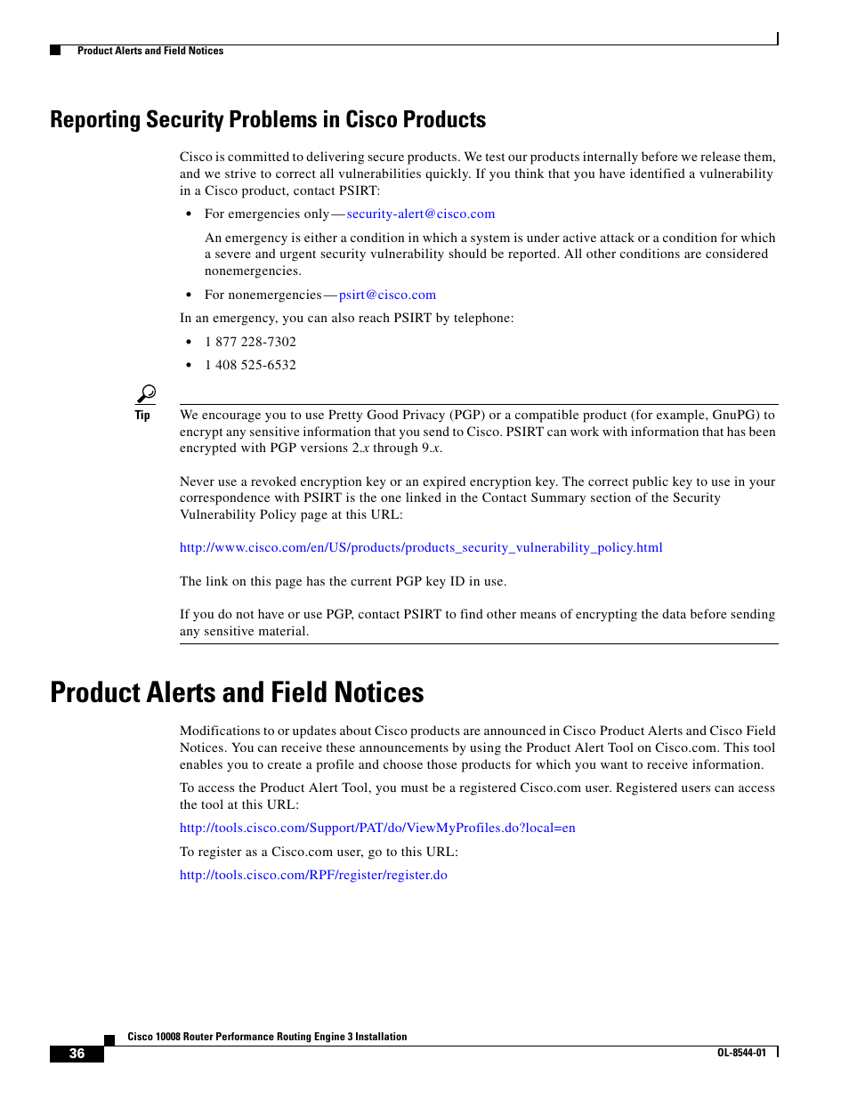 Reporting security problems in cisco products, Product alerts and field notices | Cisco 10008 User Manual | Page 36 / 38