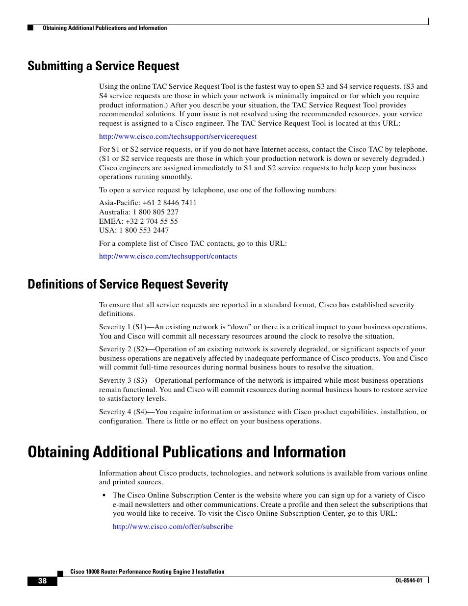 Submitting a service request, Definitions of service request severity, Obtaining additional publications and information | Cisco 10008 User Manual | Page 38 / 38