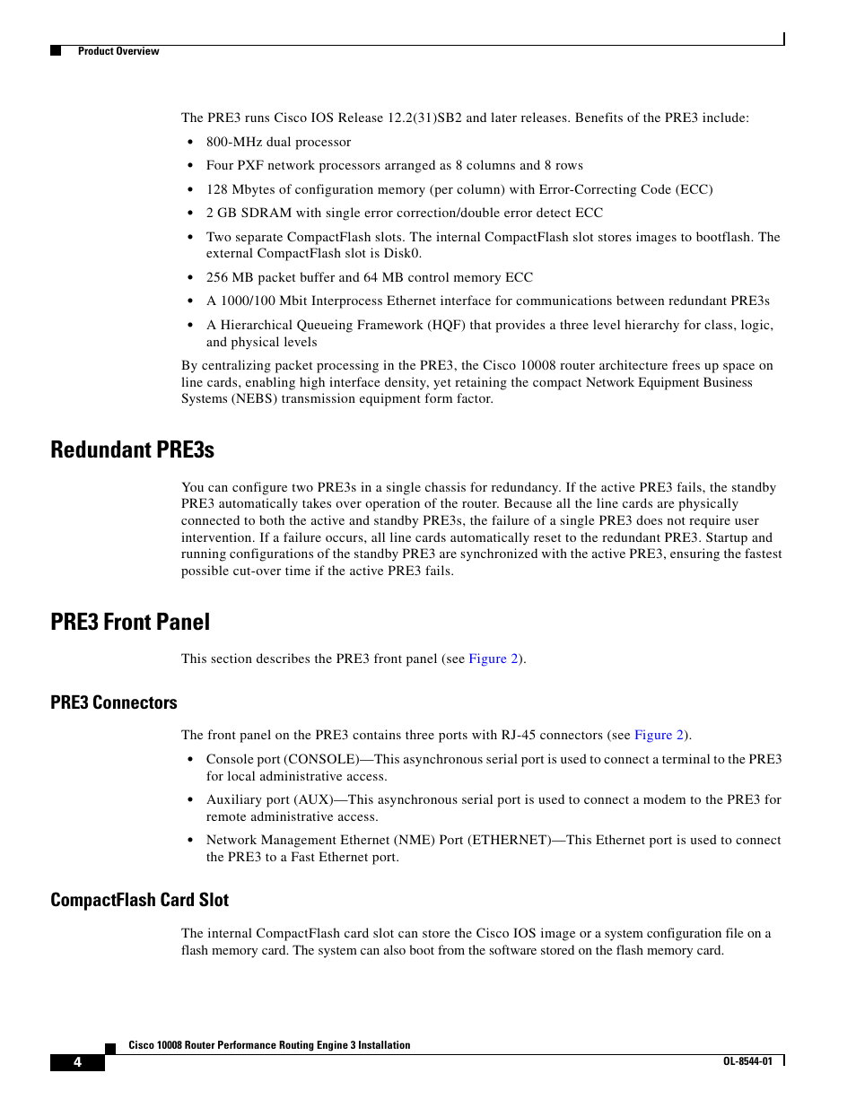 Redundant pre3s, Pre3 front panel, Pre3 connectors | Compactflash card slot | Cisco 10008 User Manual | Page 4 / 38
