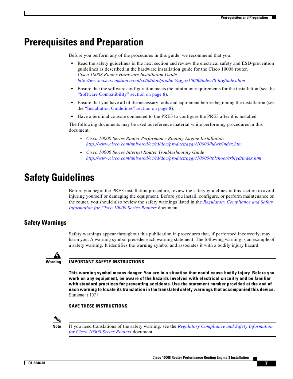 Prerequisites and preparation, Safety guidelines, Safety warnings | Cisco 10008 User Manual | Page 7 / 38
