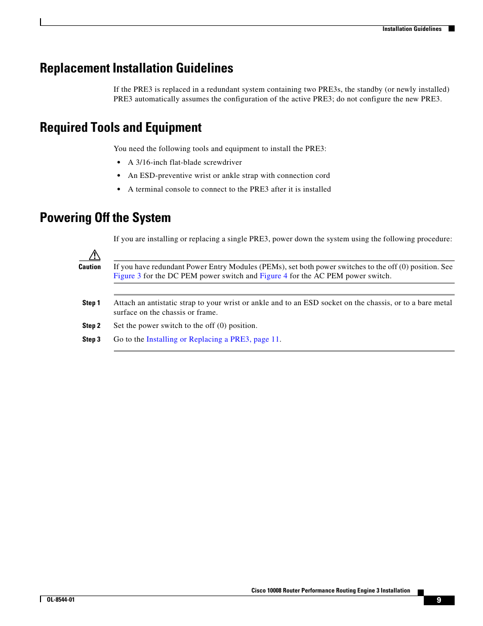 Replacement installation guidelines, Required tools and equipment, Powering off the system | Cisco 10008 User Manual | Page 9 / 38