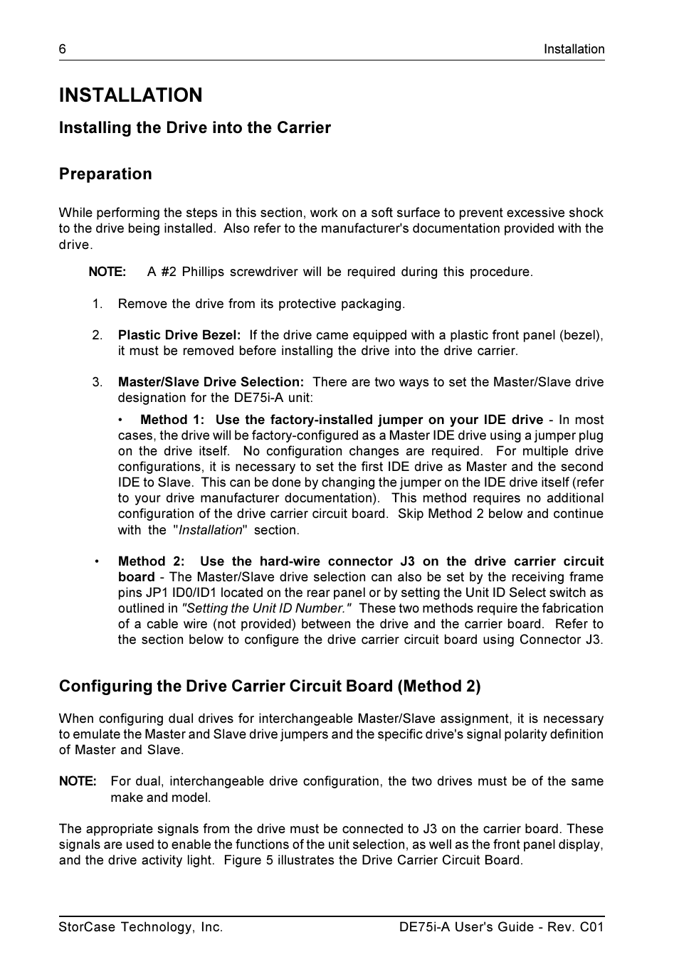 Installation, Installing the drive into the carrier preparation | StorCase Technology DE75i-A User Manual | Page 13 / 31