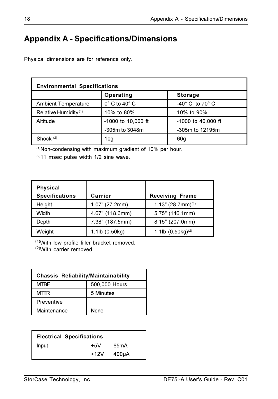 Appendix a - specifications/dimensions | StorCase Technology DE75i-A User Manual | Page 25 / 31