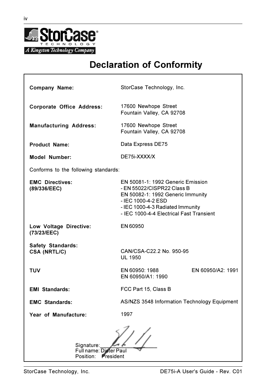 Declaration of conformity | StorCase Technology DE75i-A User Manual | Page 5 / 31