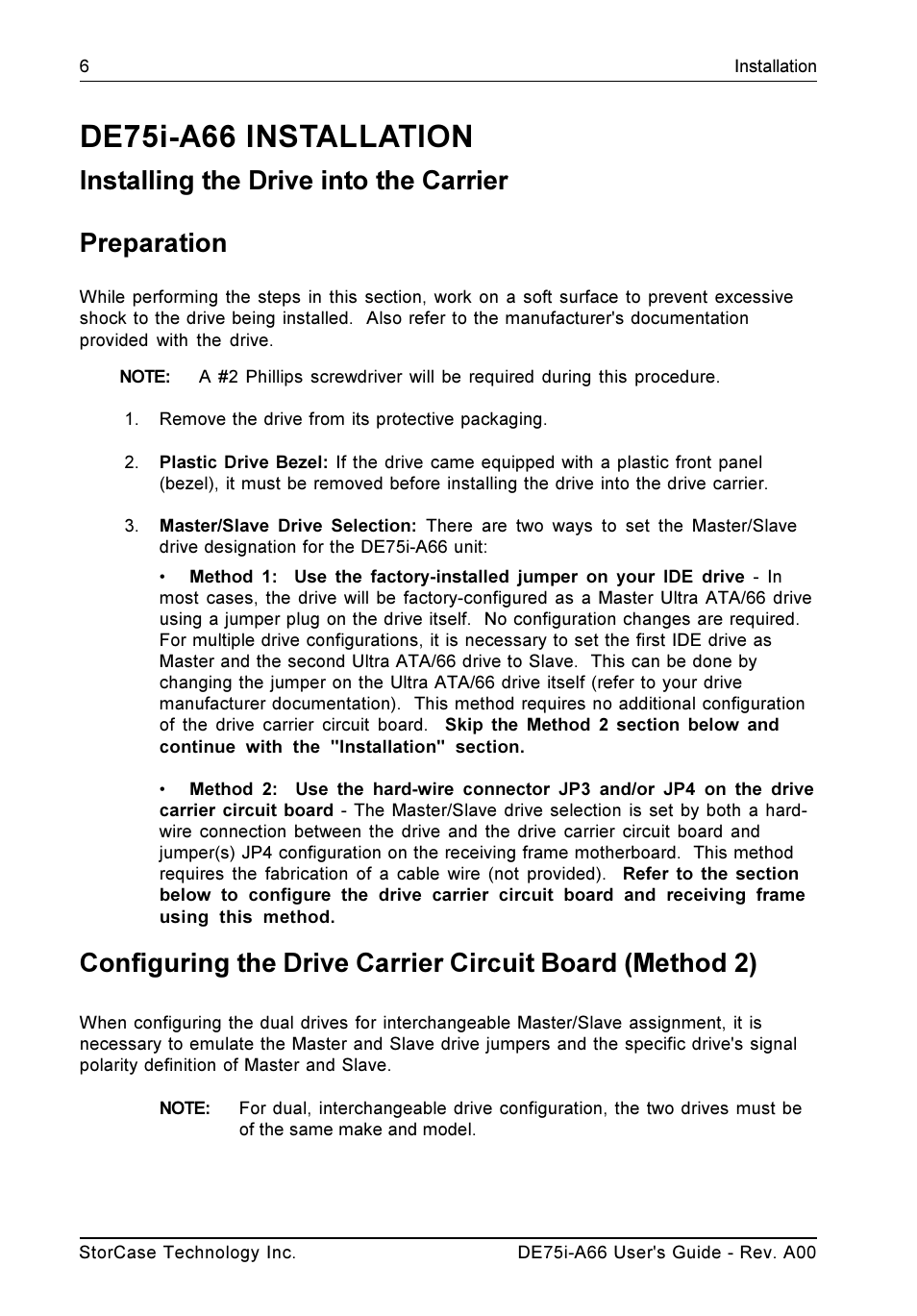 De75i-a66 installation, Installing the drive into the carrier preparation | StorCase Technology DE75i-A66 User Manual | Page 13 / 29