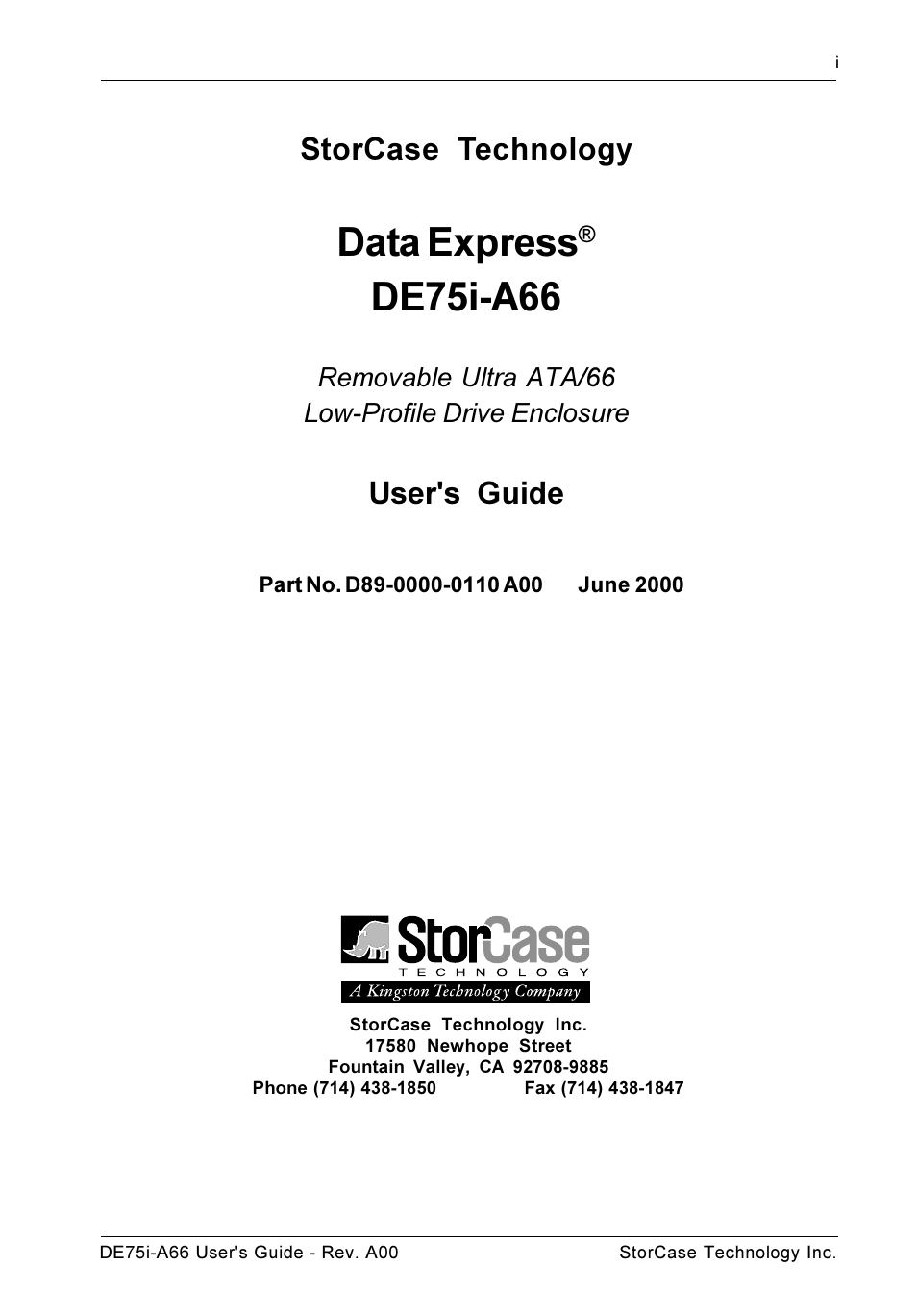 Data express, De75i-a66, Storcase technology | User's guide | StorCase Technology DE75i-A66 User Manual | Page 2 / 29