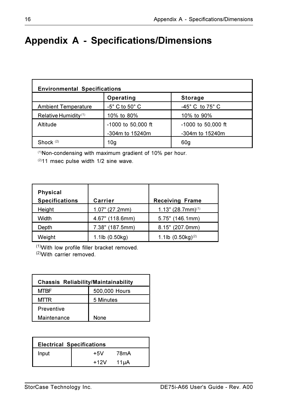 Appendix a - specifications/dimensions | StorCase Technology DE75i-A66 User Manual | Page 23 / 29