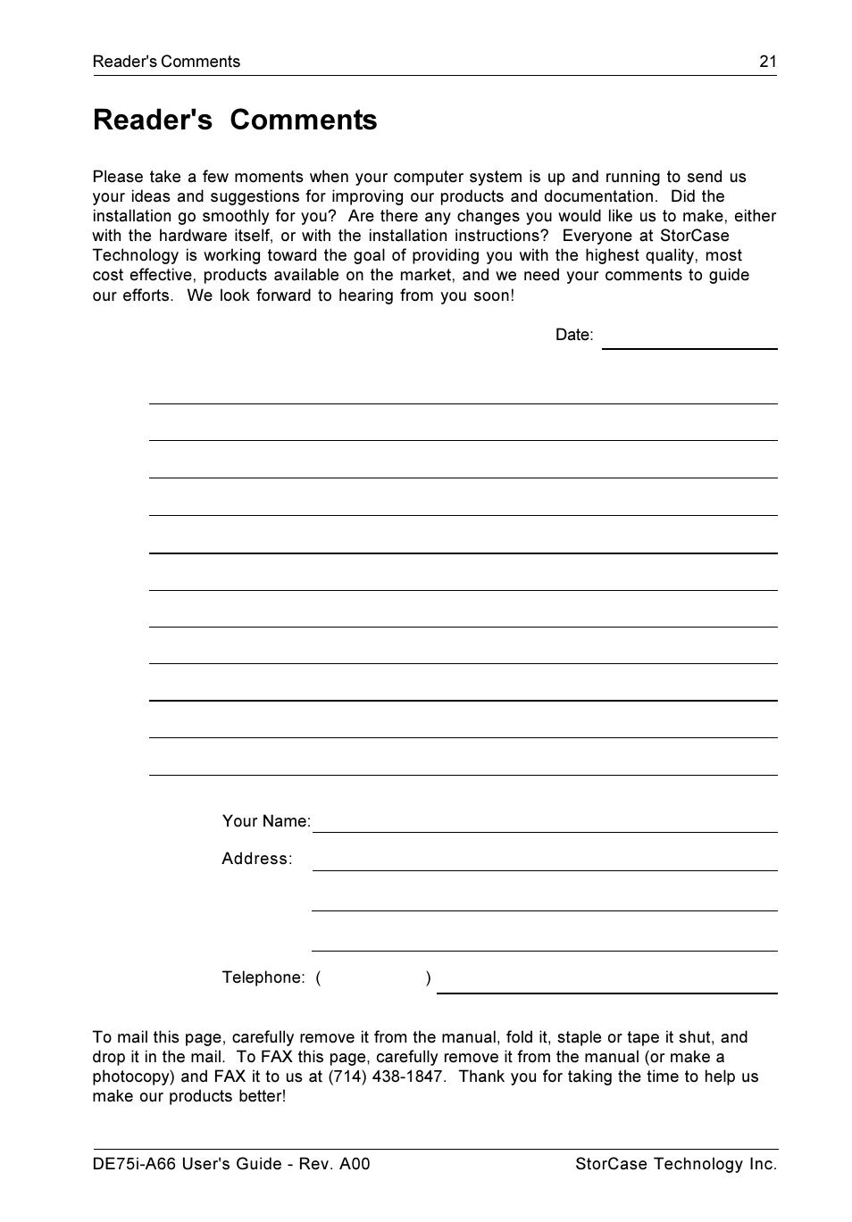 Reader's comments | StorCase Technology DE75i-A66 User Manual | Page 28 / 29