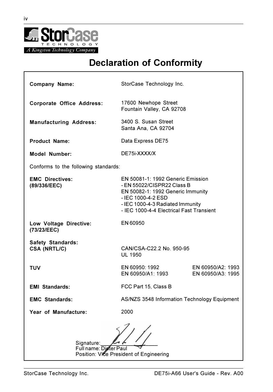 Declaration of conformity | StorCase Technology DE75i-A66 User Manual | Page 5 / 29