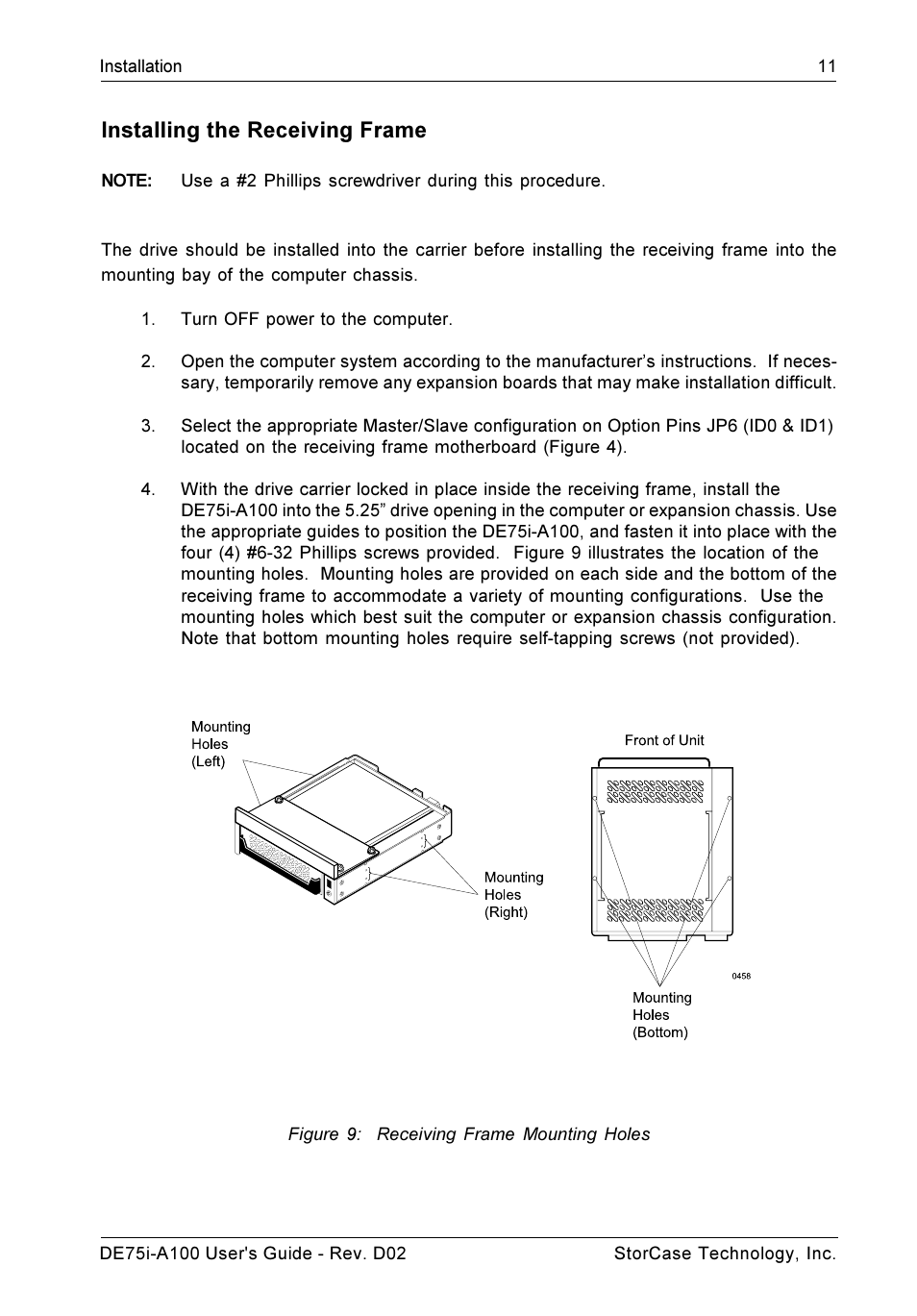 Installing the receiving frame | StorCase Technology DE75i-A100 User Manual | Page 18 / 31