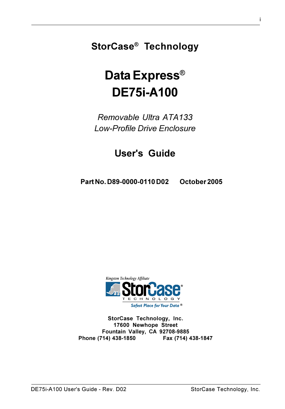 Data express, Storcase, Technology | User's guide | StorCase Technology DE75i-A100 User Manual | Page 2 / 31