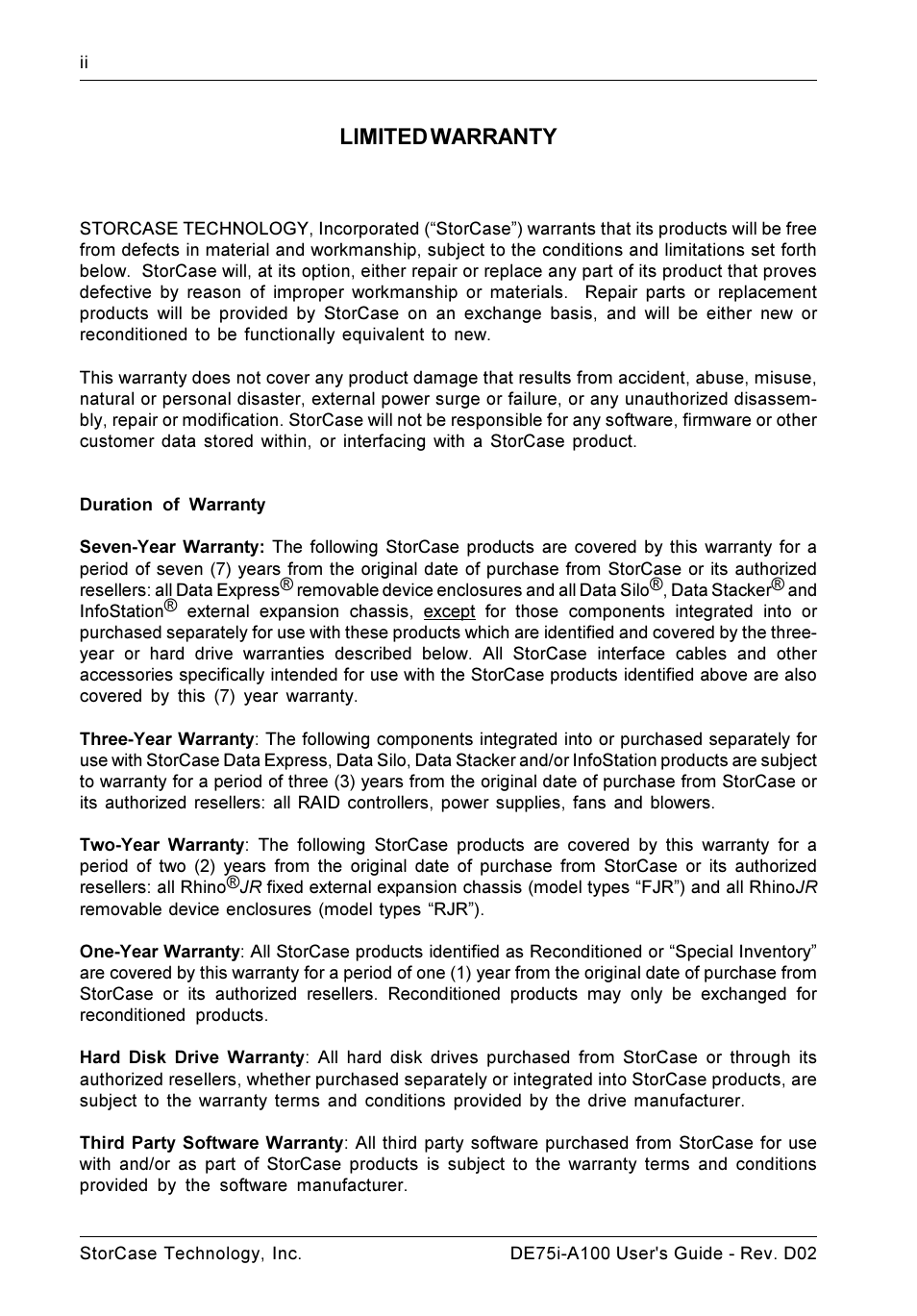 Limited warranty | StorCase Technology DE75i-A100 User Manual | Page 3 / 31