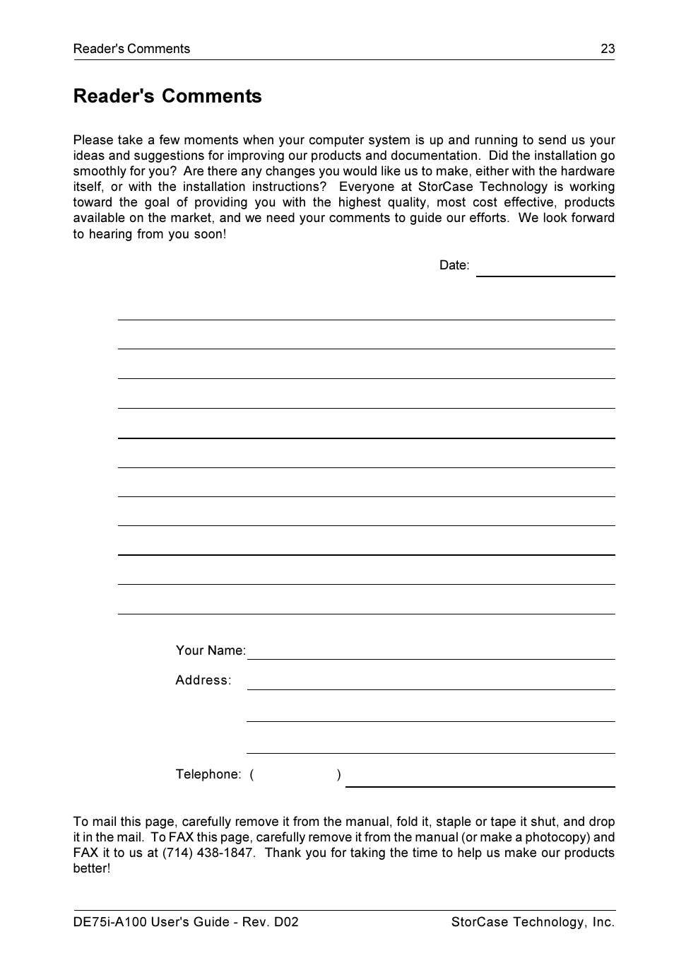 Reader's comments | StorCase Technology DE75i-A100 User Manual | Page 30 / 31